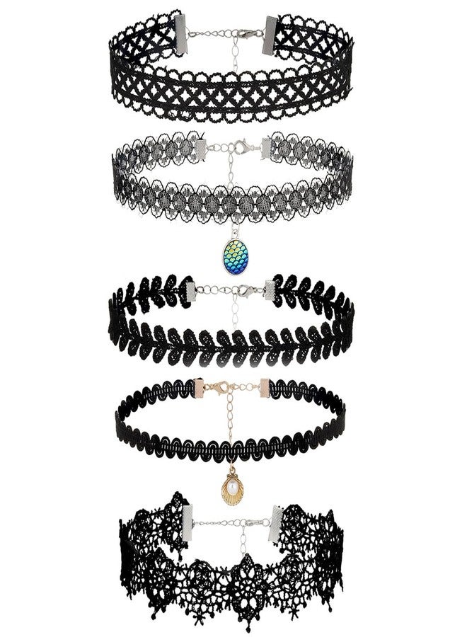 MXUHUI 8 Pieces Lace Choker Necklace Elegant Gothic Lace Choker Black Halloween Sexy Jewelry Neck Chain Collar Statement for Women Lady Party Cosplay (5-piece set black) - Image 1